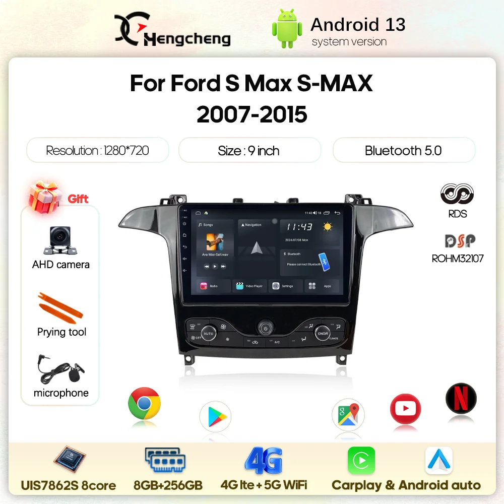 9Inch For Ford S Max S-MAX 2007-2015 Car Multimedia Video Player GPS Navigation Radio Android 13 8Core Carplay Auto 4G 360Camera