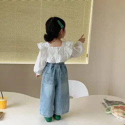 Conjunto de ropa para niña pequeña de 1 a 7 años, Blusa de algodón de manga larga con solapa y pantalones vaqueros, conjunto de dos piezas