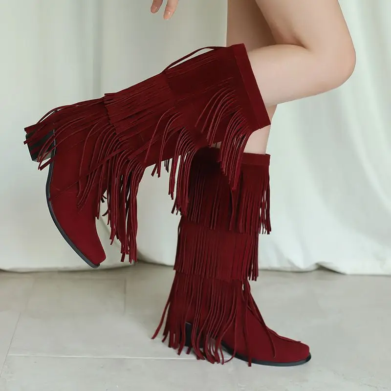 

SIMLOVEYO 2025 New Design Fashion Dating Bota Female mujer Casual Square Toe Block Heels Women Boots Flock Tassels Big Size 48
