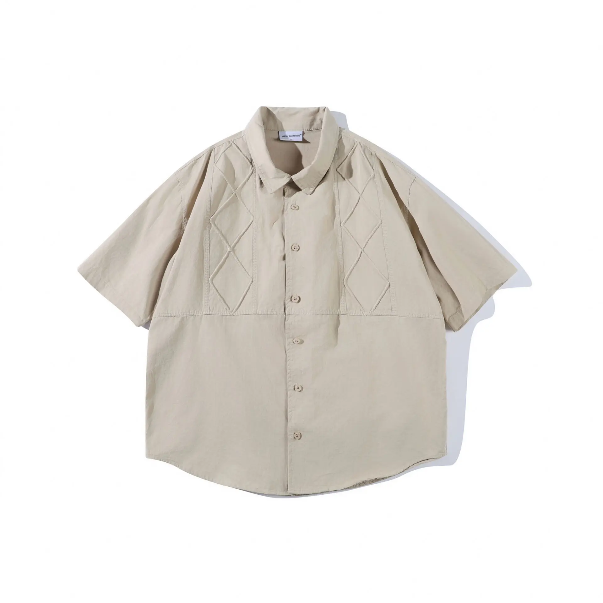 

New Arrival Unisex Amekaji Shirt 100% Cotton Japanese Vintage Modern Chinese Style Argyle Paneled Loose Workwear Short-Sleeve