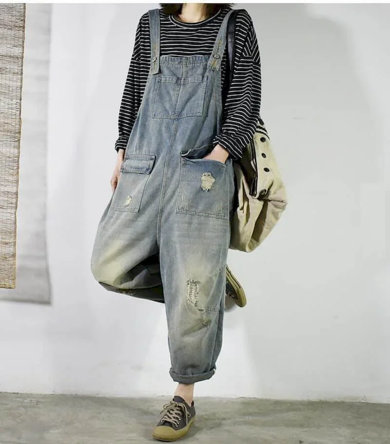 Поп-комбинезоны для женщин, винтажные комбинезоны в корейском стиле, повседневные брюки через плечо, свободные брюки, комбинезоны большого размера для женской одежды