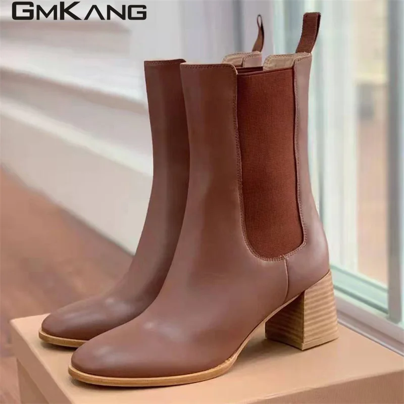Classic Square Heels Short Boots Woman Genuine Leather Round Toe Mid Calf Boots Lady High Heels Runway Shoes Women Botas