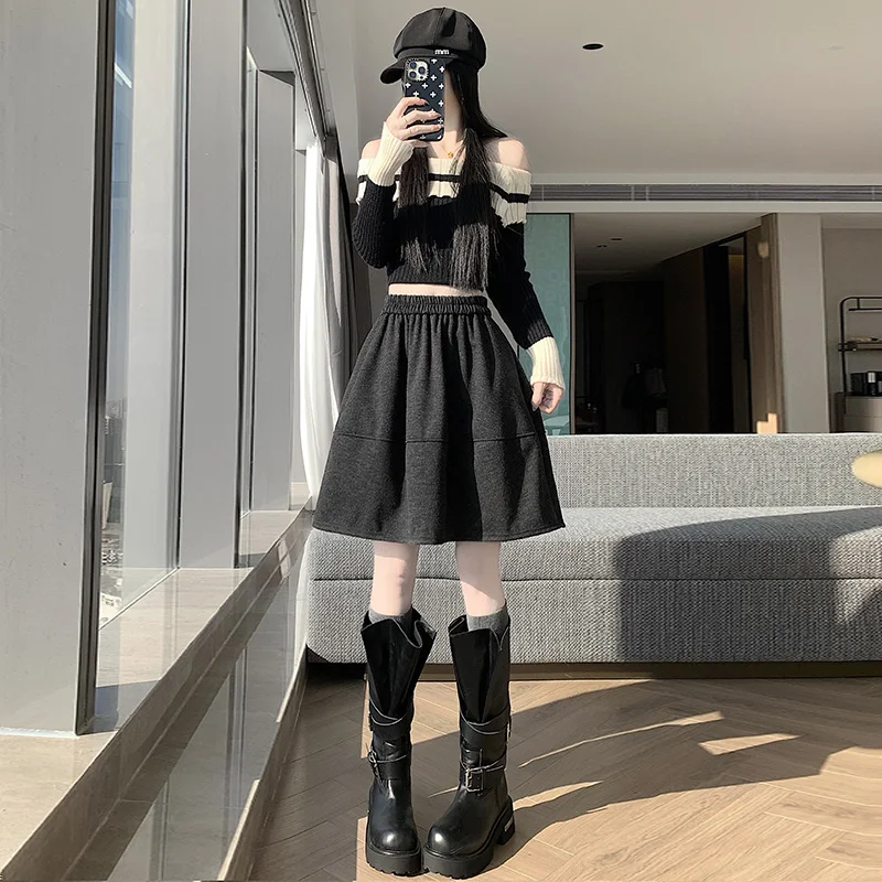 Thiened الصوفية ألف خط تنورة المرأة الخريف الشتاء جديد منتفخ تنورة عالية الخصر ميدي تنورة ort تنورة الكورية Sle