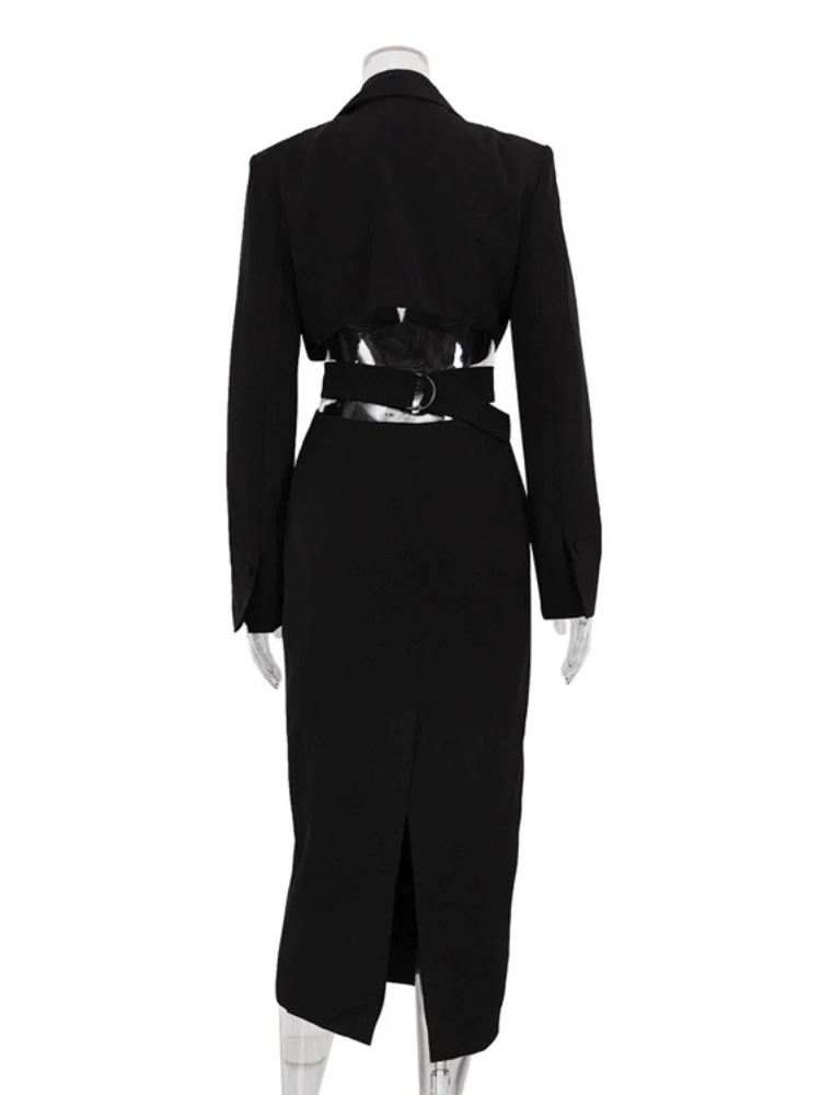 Women Single Breasted High Waist Tunics Mid-calf Blazer Dress Office Lady Chic Long Sleeve Hollow Out Bandage Slim Party Dresses