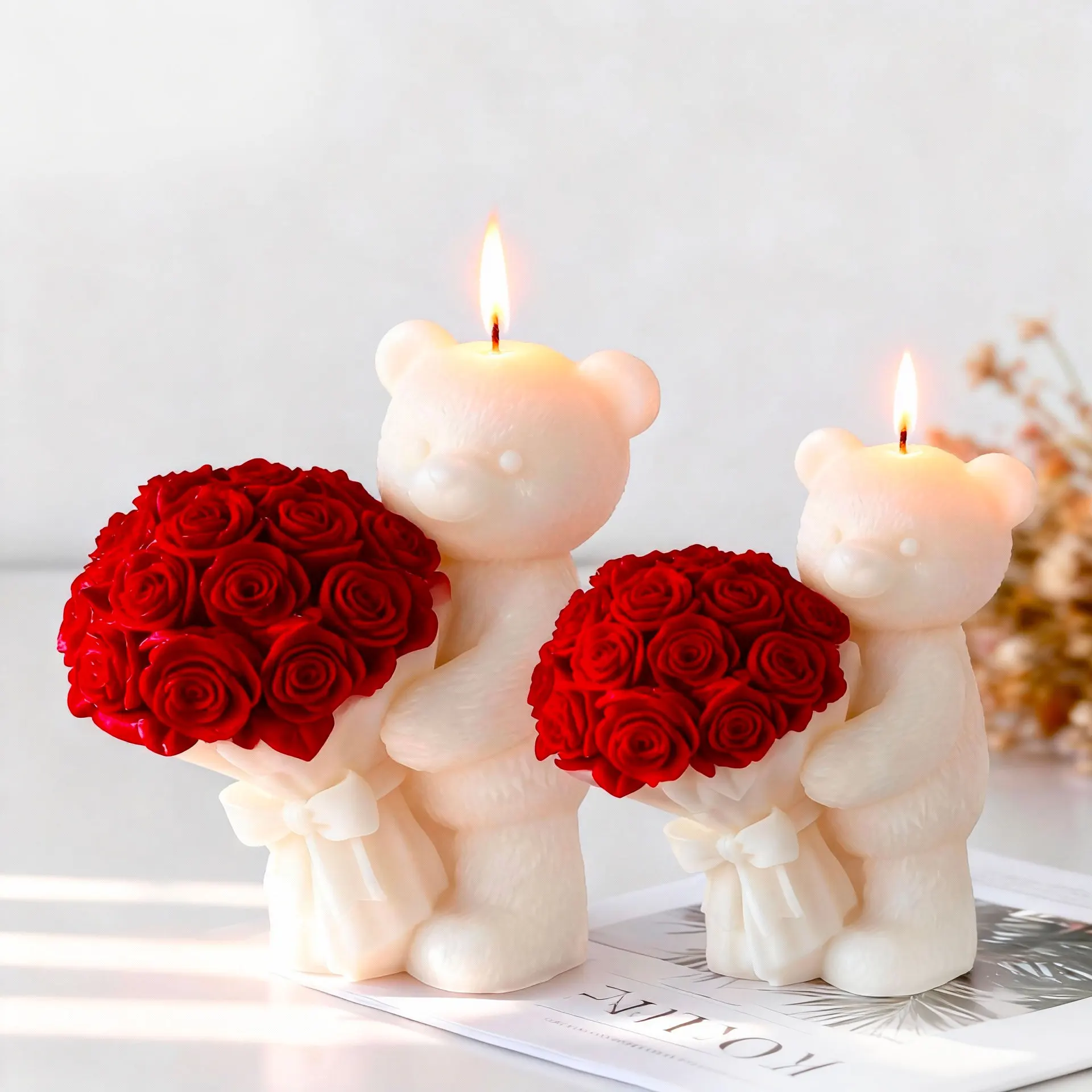 Fai da te San Valentino Bouquet di rose Orso Stampo in silicone Regalo fatto a mano Aroma Candela Stampi in gesso Orsi carini Forniture per la produzione di candele