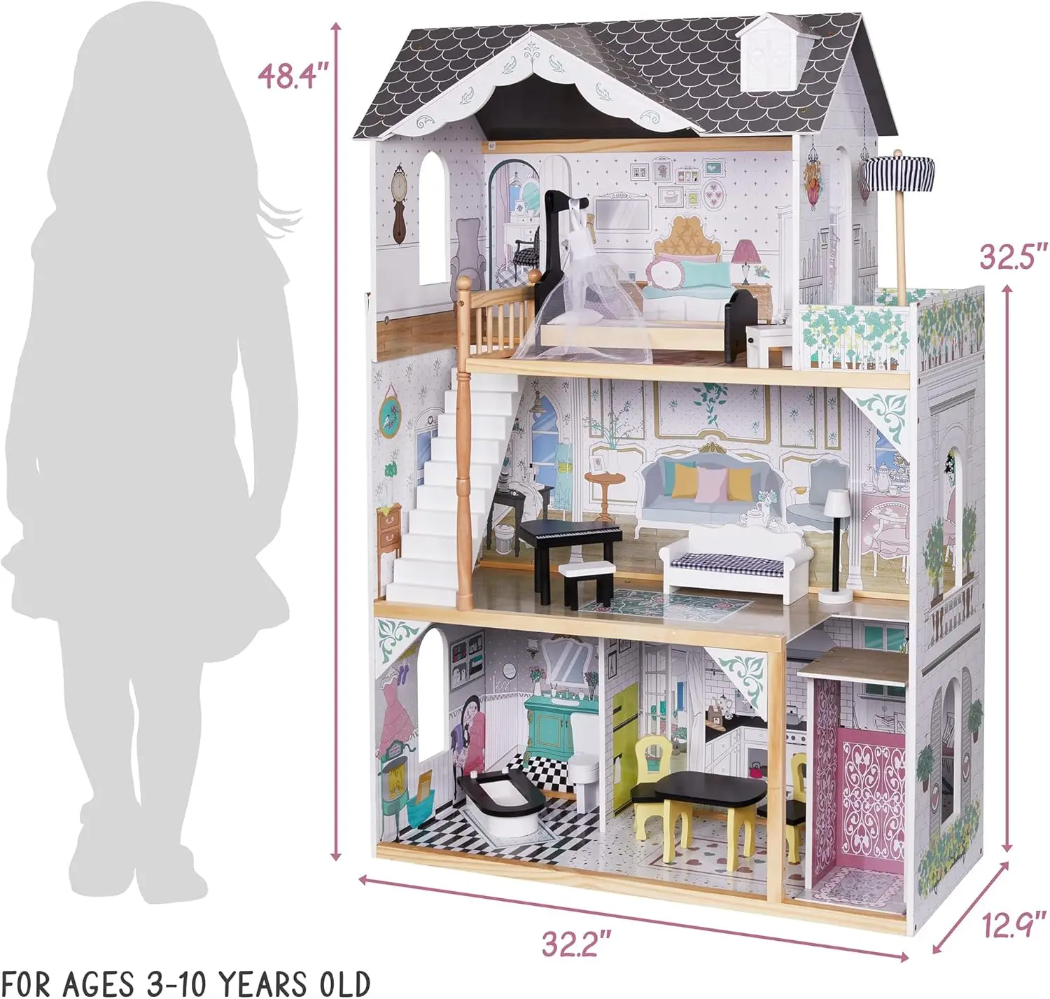 Houten Poppenhuis Voor Kinderen, Met Lift, Balkon En Trap, Accessoires En Meubels Inbegrepen X-Grote 3 Verdiepingen Eenvoudig Te Monteren Pop H