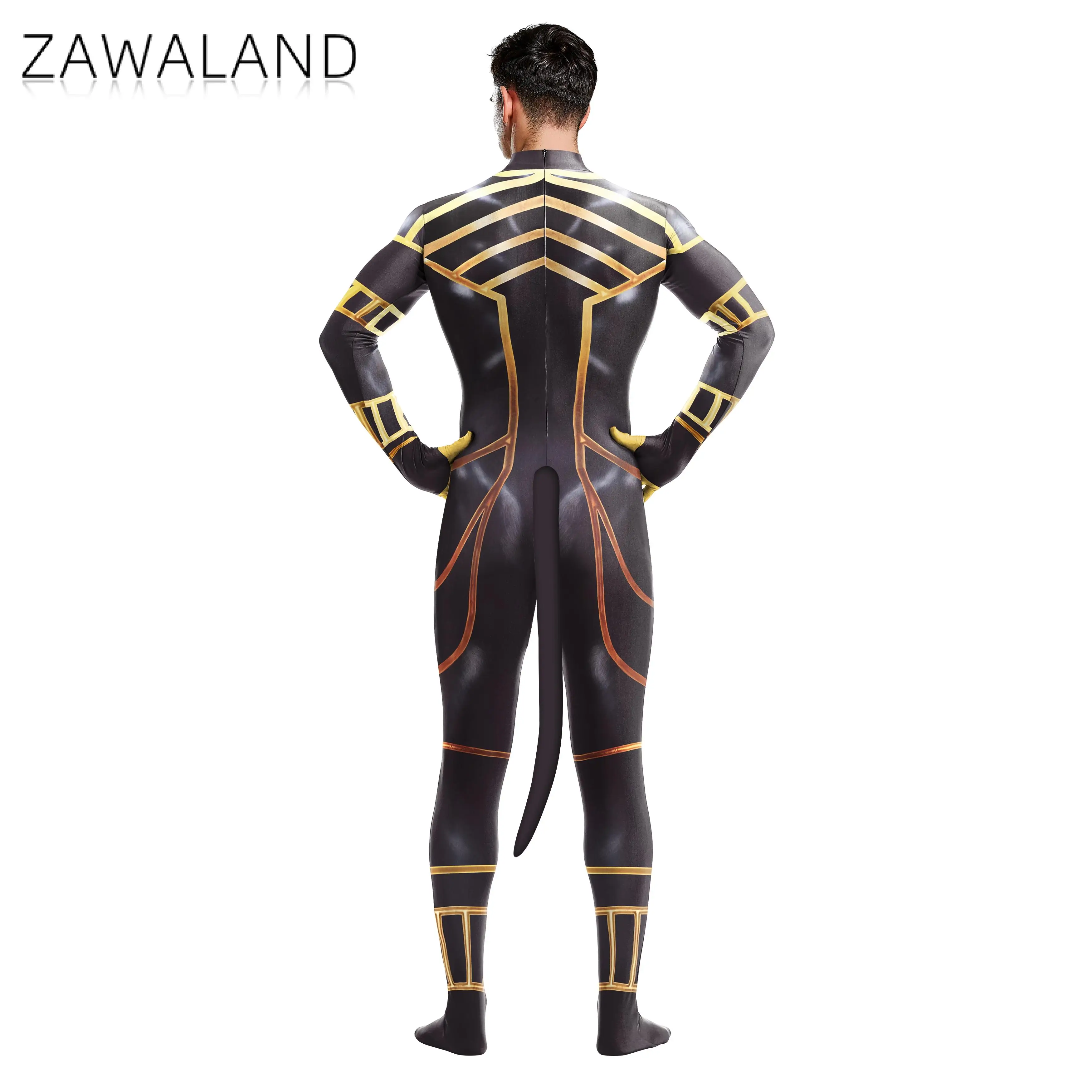 Zawaland cosplay anubis petsuit com cauda traje masculino carnaval purim zentai terno virilha zíper macacão roupas de festa de férias