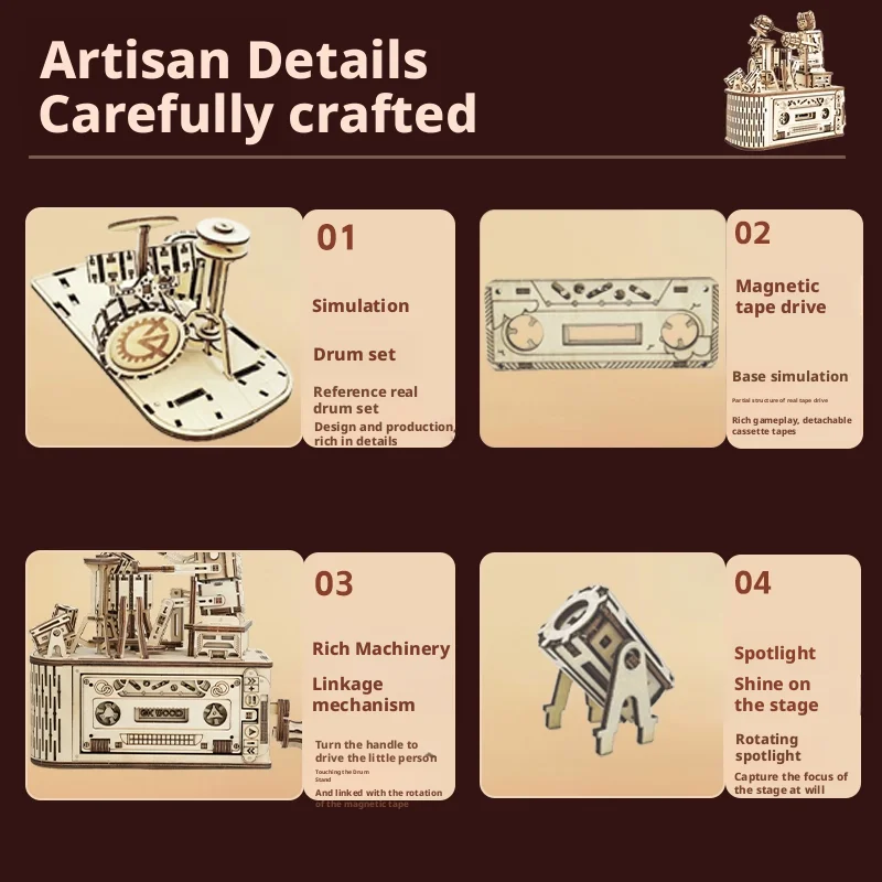 OUZEY 3D Drewniane Puzzle Model Trębaczka Zestaw Modelarski Prezent Urodzinowy dla Dzieci Gry Rodzinne Model do Składania Mechaniczny Bęben Kreatywne Zabawki
