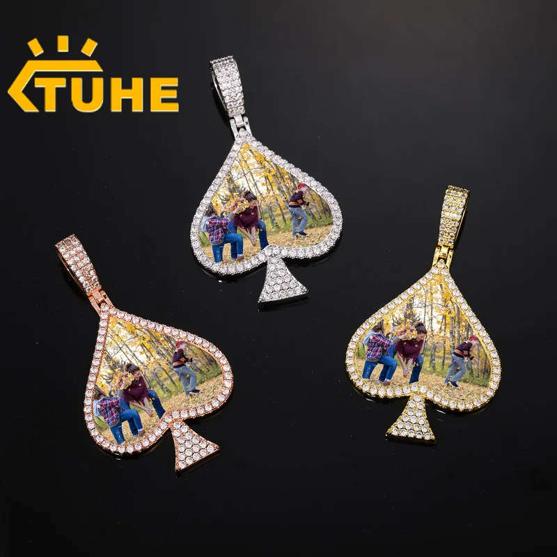 Custom Photo Pendant Necklace Chain Brass 5A Zircon Spades Photos Pendant Hip Hop Jewelry Personalized Custom Name Engraved