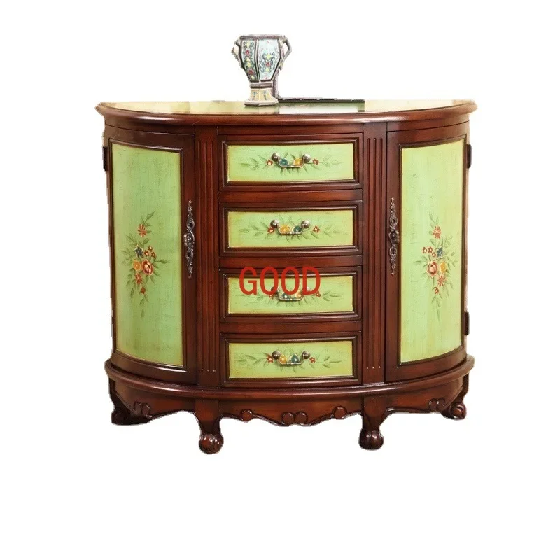 Semicircle Hall Entrance Cabinet Solid Wood Four Buckets Two-Door Cabinet European Style Complex