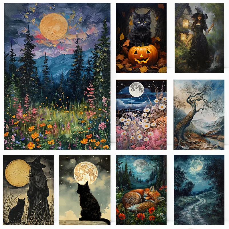 Beautiful Witch Magical Black Cat Pumpkin Full Moon Poster Print Wall Art Pictures Canvas Painting Living Room Home Decor Gift