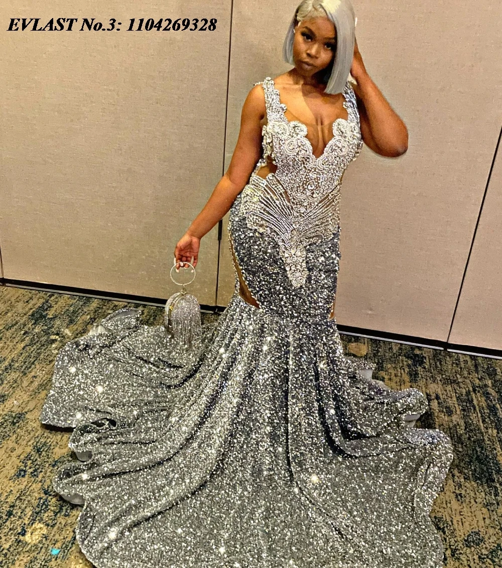 EVLAST Customized 2025 Silver Sequins African Mermaid Prom Dress Black Girls Rhinestone Beaded Formal Evening Party Gown E3P235