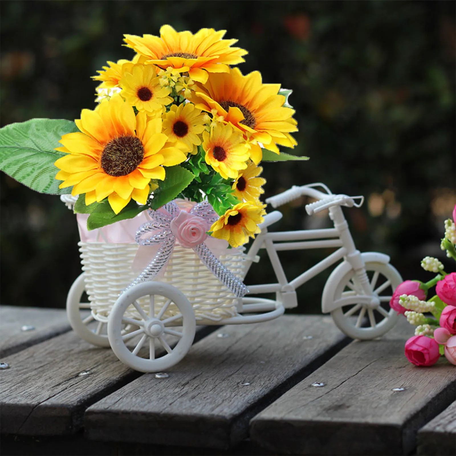 Bicycle Planter Stand Flower Pot Holder with Artificial Sunflowers Tricycle Plant Stand Flower Basket  Table Decor