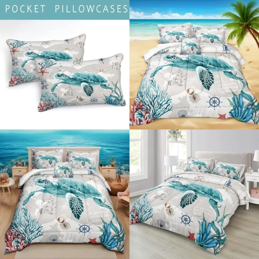 

Bedding Set Size for Girls Boys - Soft Lightweight Ocean Bedding Quilt Set - Room Decor 4 Pcs Retro Turtle Theme Duvet Insert
