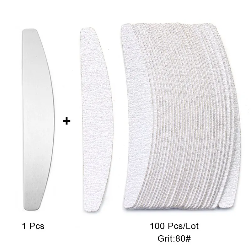 100 Stks/partij Vervangende Nagelvijlen 80/100/180/240 Grit Halve Maan Grey Schuurpapier Pads Met Metalen Handvat Verwijderbare Duurzame Vijlen