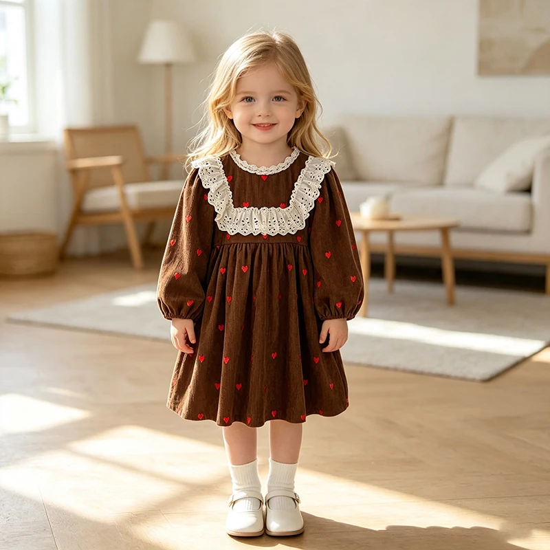 Cordkleid für Kleinkinder, Mädchen, Herz-Stickerei, Spitzenkragen, Puffärmel, Prinzessinnenkleid, für Kinder, Herbst, lockeres A-Linien-Outfit für Freizeitpartys