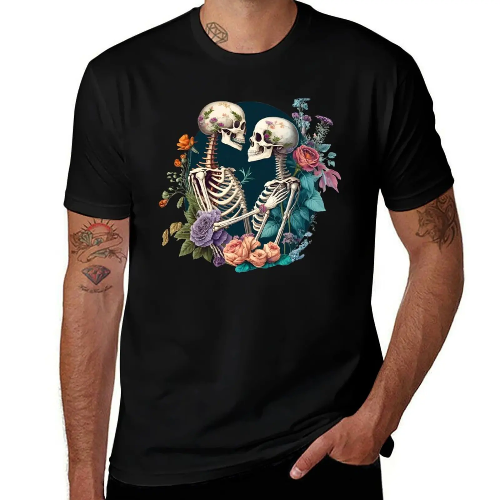 Flowery Love Exchange: A Skull Romance T-Shirt Big Size Short Sleeve Tee for Men
