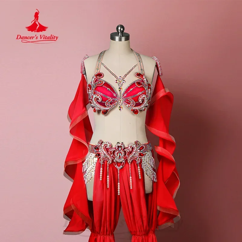 Belly Dancing Suit Women's Customized Senior AB Stones Bra+Sleeves+Pearl Tassel Pants 3pcs Oriental Dance Performance Costumes