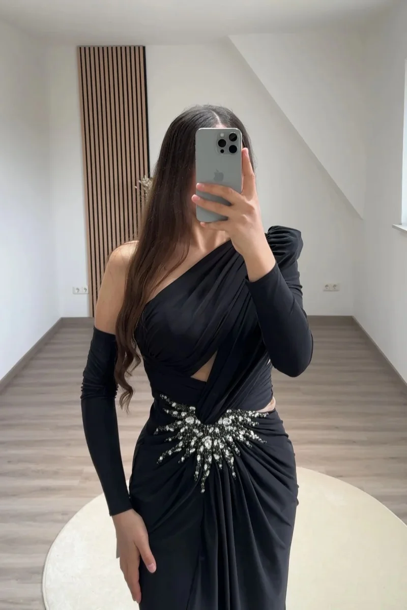 Annie Embroidery Beads Prom Dresses Black Luxury Evening Dresses Long Sleeve Elegant Ladies Vestidos De Fiesta Customized