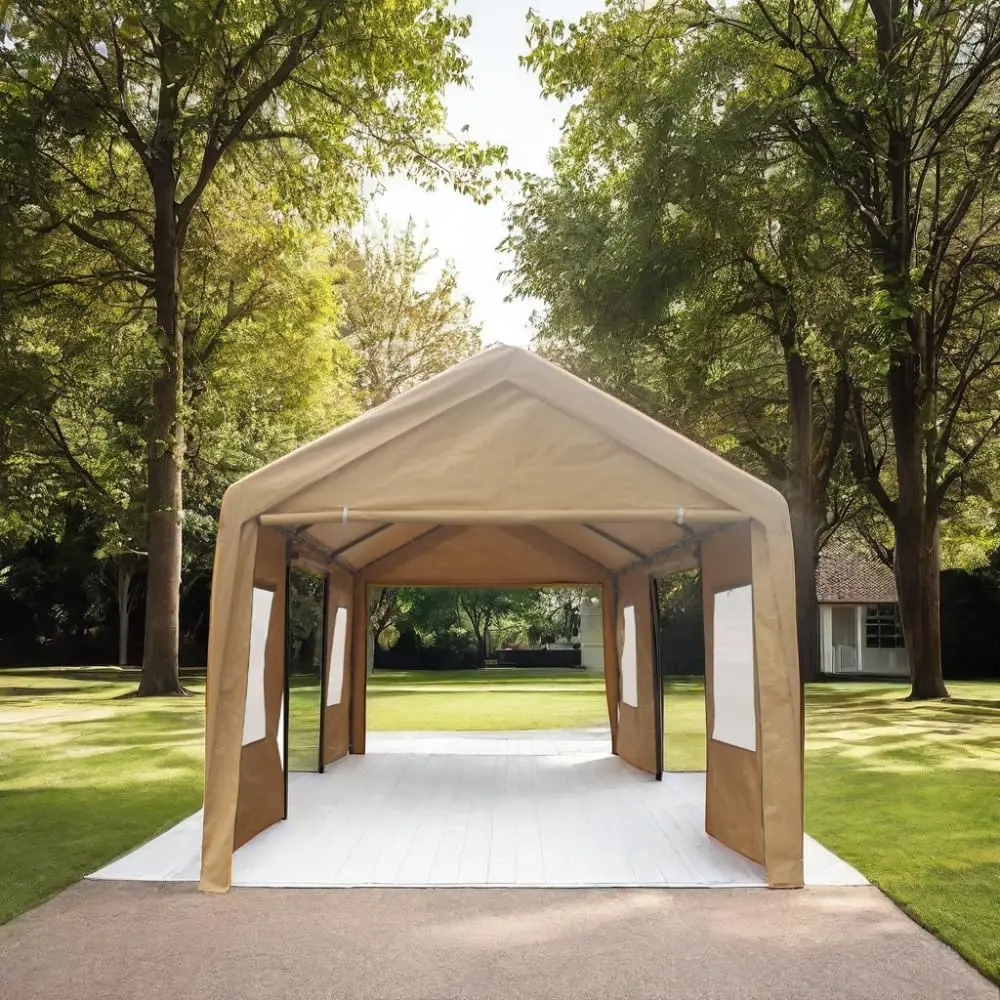 

Heavy Duty Outdoor Portable Garage Canopy Carport, 12X20 Ft, Ventilated, Sand