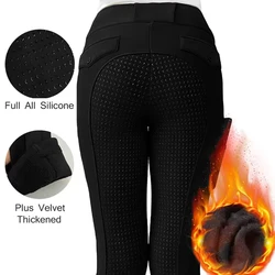 Winter Warm Equestrian Pants Women Black Horse Breeches Plus Velvet Equestrian Tights Non-Slip Full All Silicone Riding Leggings