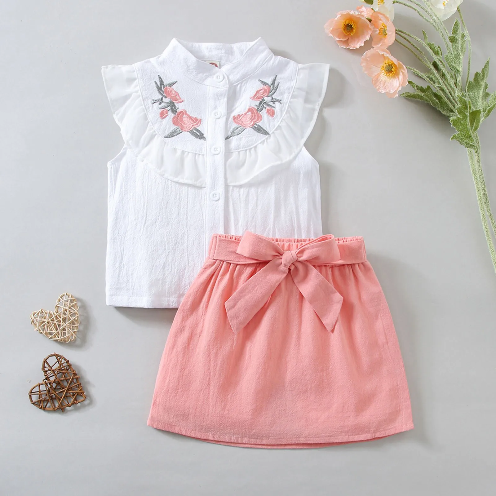 Toddler Girls Clothing Lapel Button Button Embroidered Top+Solid Bow Skirt Sets 2Pcs Summer Clothes Sets Girls 1 2 3 4 5 6 Years