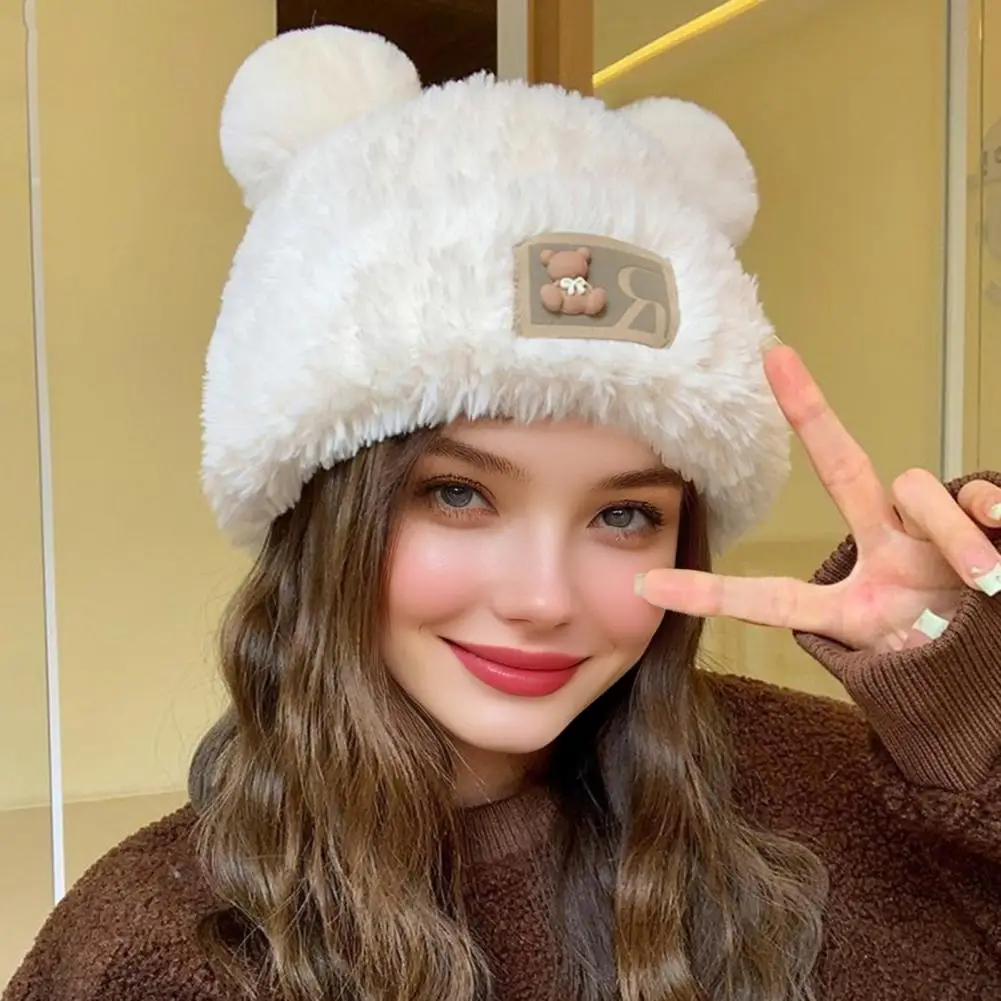 Warm Winter Hat Women’s Knitted Winter Hat with Bear Ear Decoration Windproof Warm Plush Elastic Solid Color Weather Headwear