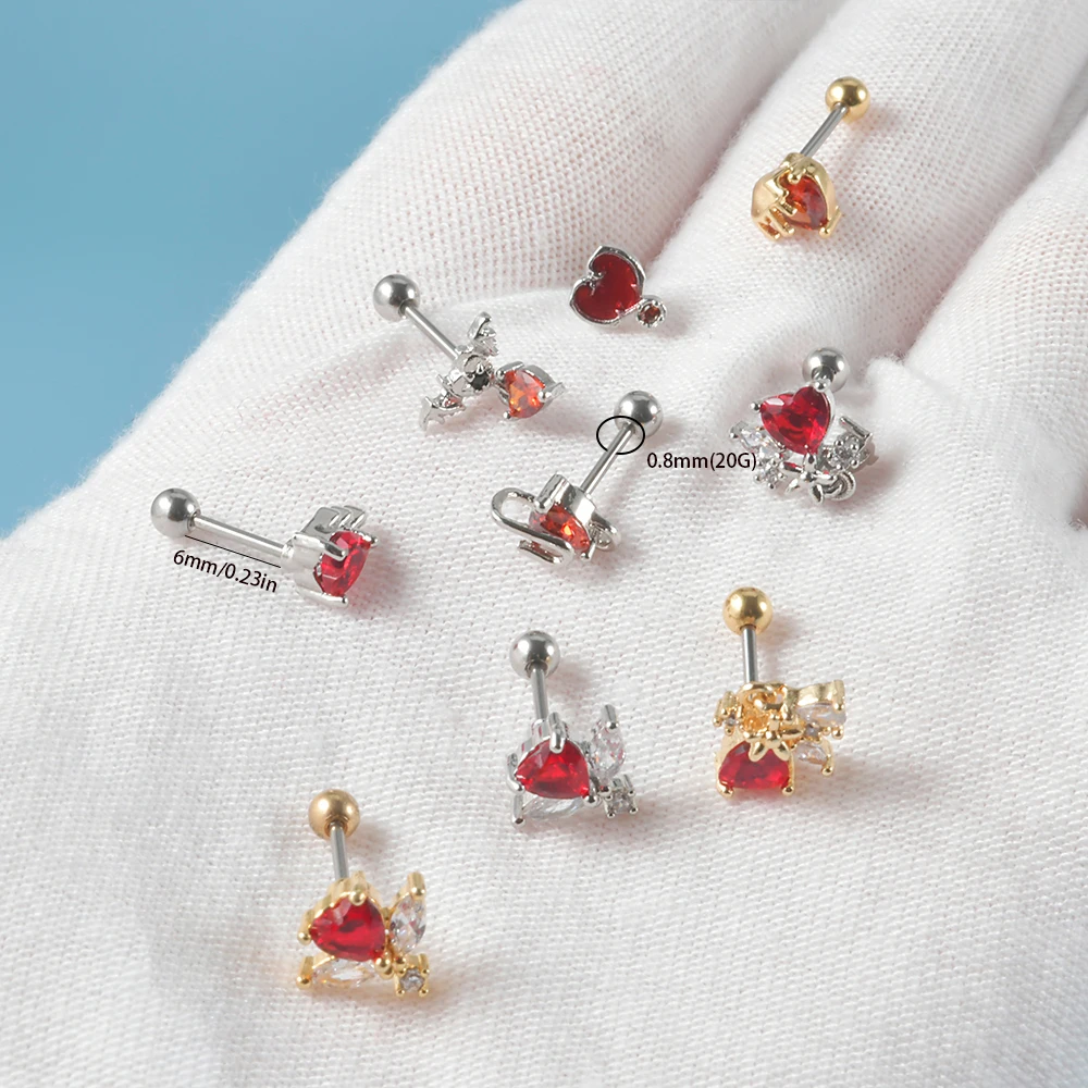 2PCS Surgical Steel Red Zircon Ear Studs Heart-Shaped Bat Evil Tragus Cartilage Screw Ball Earrings For Women Piercing Jewelry