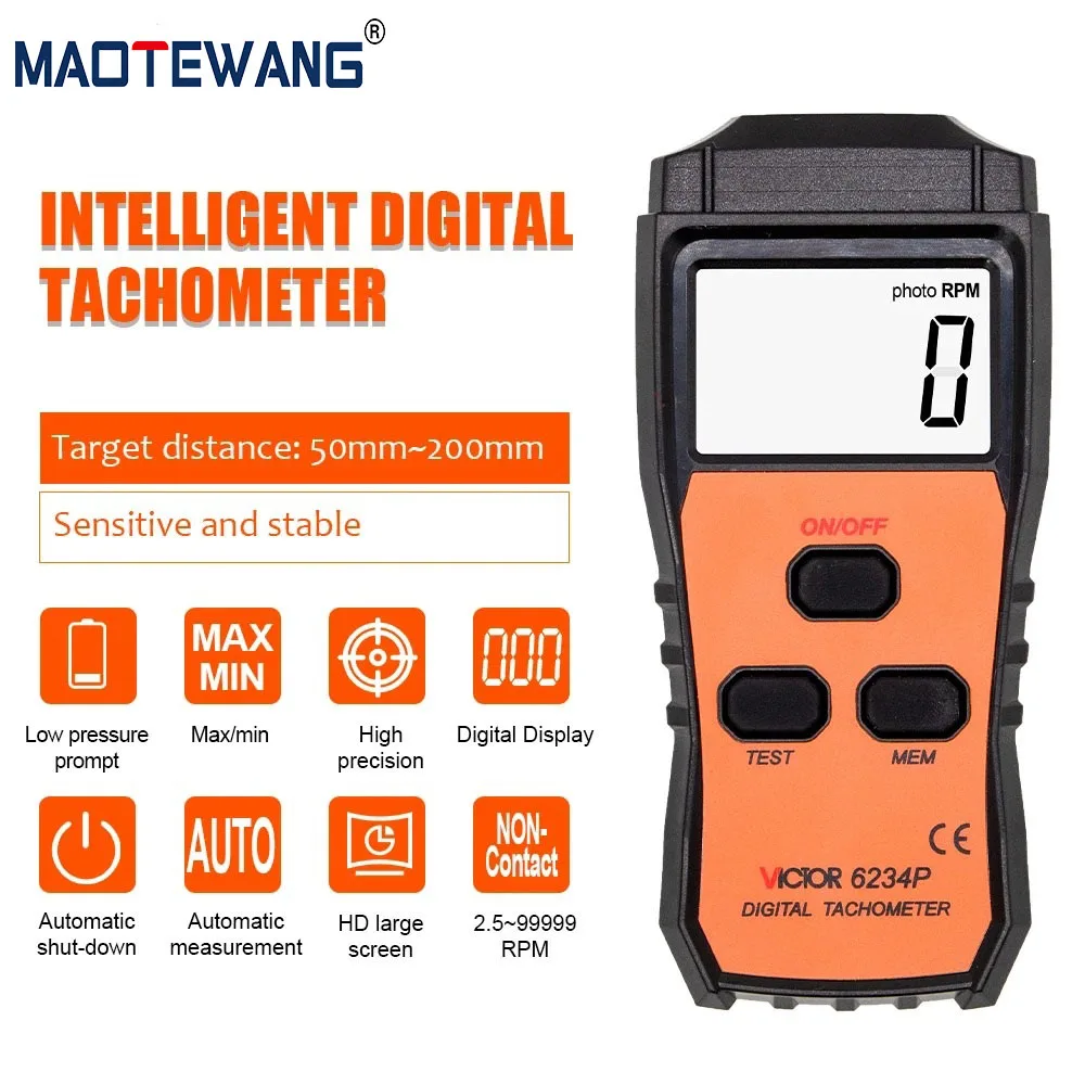 

6234P Digital Laser Tachometer Tester Speed Meter Range 2.5 -99999 RPM Contact & Non-contact Digital Tachometer Spin RPM Meter