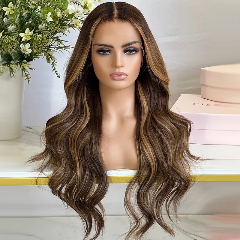 HIghlight Brown Soft Long 26'' Body Wave Glueless 5x5 Silk Base Jewish Human Hair Wig Baby Hair HD Lace European Hair Preplucked