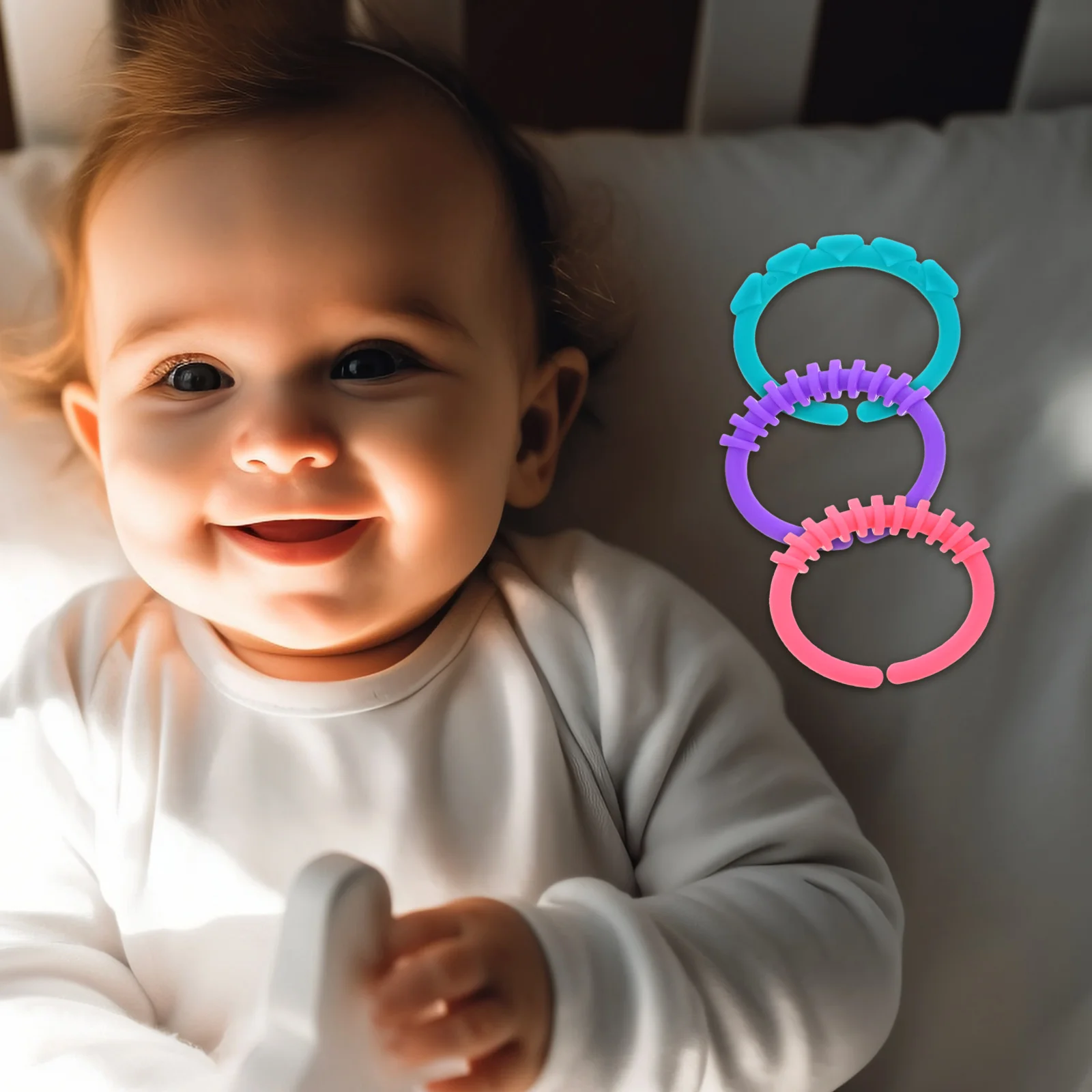 

18pcs Teether Rings Safe Non-Toxic Plastic Toys Finger Connecting Ring Stroller Car Teether Rings Seat Handle
