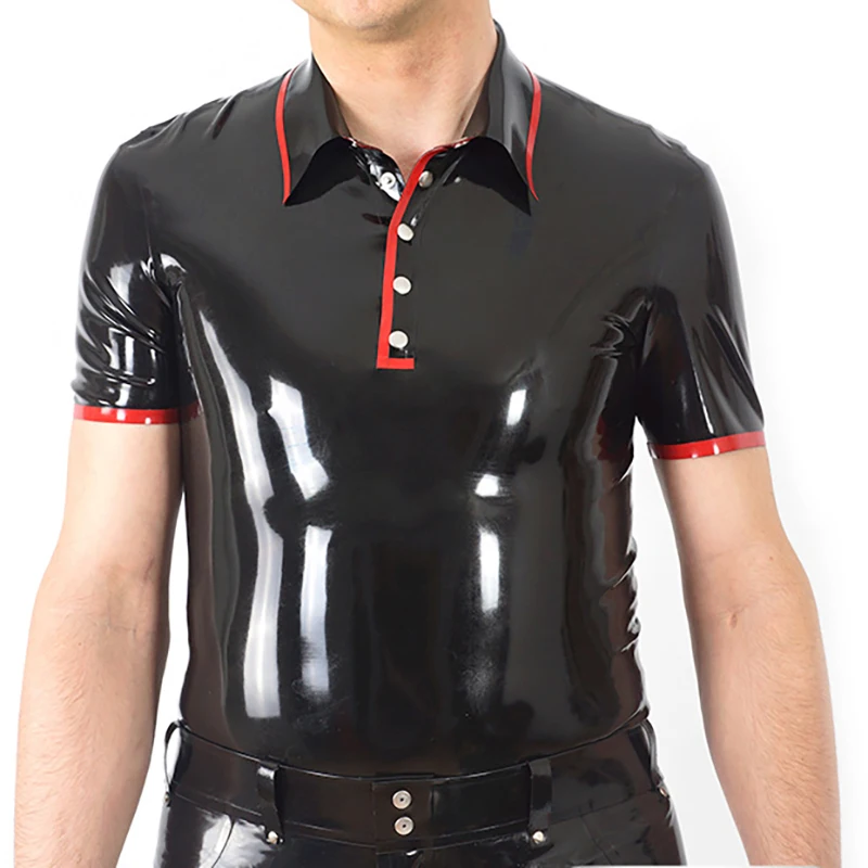 Black And Red Trims Sexy Latex Shirt With Turn Down Collar Buttons Front Short Sleeves Rubber Clothing Tank Top YF-0401