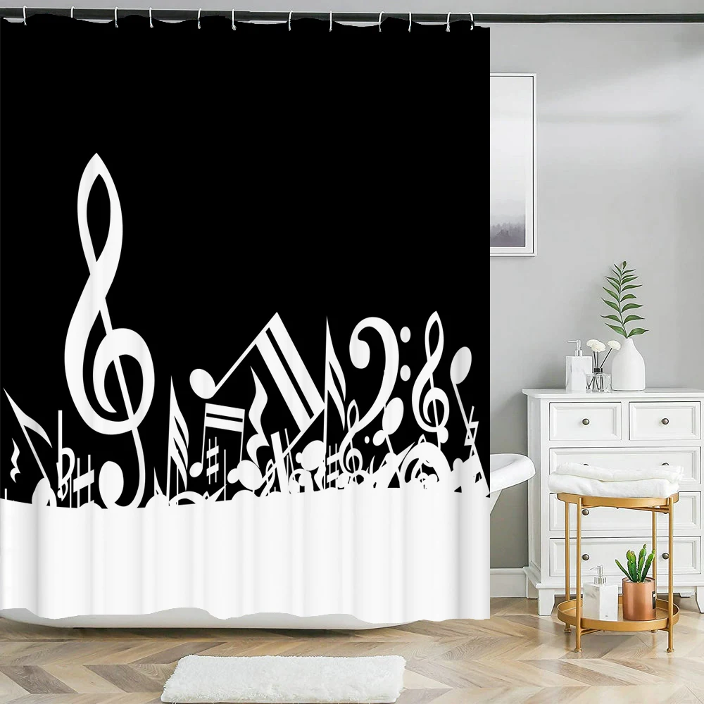 200x180cm Bathroom Waterproof Shower Curtain Simple Art Style Music Note Printing Polyester Home Decoration Curtain With Hook