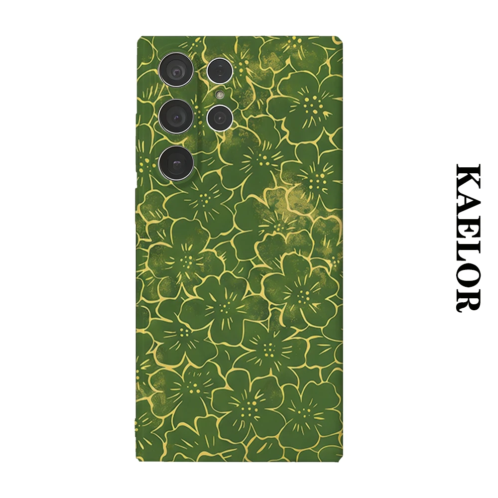 Green Gold Floral Durable Shiny Double-layer Case for Samsung S26 Ultra S25 S24 S23 Plus Anti-drop Scratch Resistant Cover
