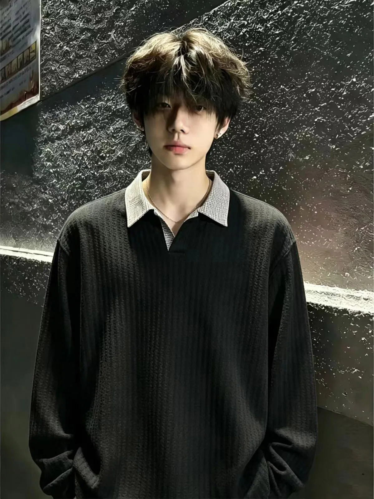 Black  Shirt Men's Early Autumn American Style Collar Texture Long Sleeve Correct Shoulder T-Shirt Sweatshirt Male Fashion
