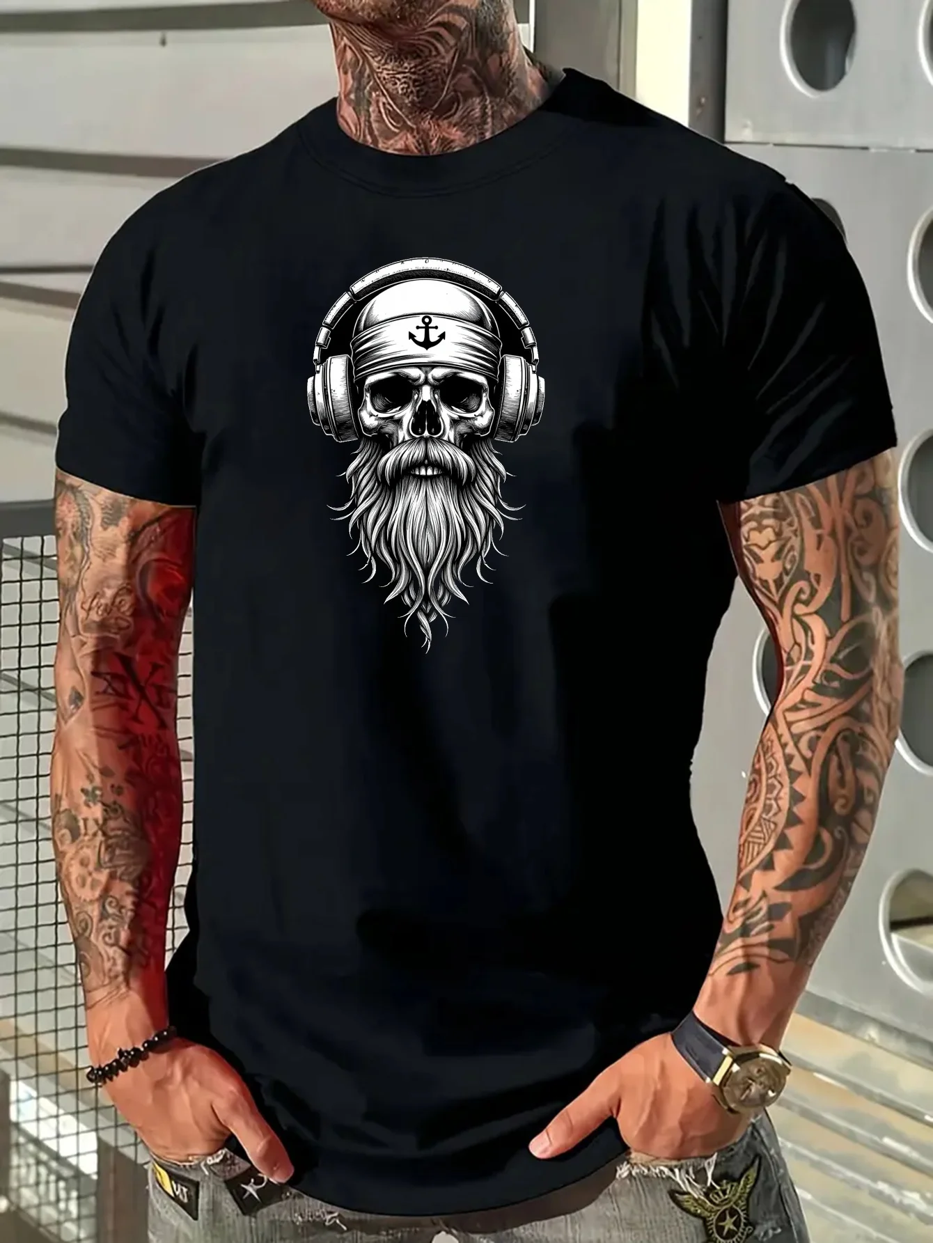 

Men Navy Blue Graphic T-Shirt - Skull with Headphones Design Soft Stretch Knit Fabric Regular Fit Casual Everyday