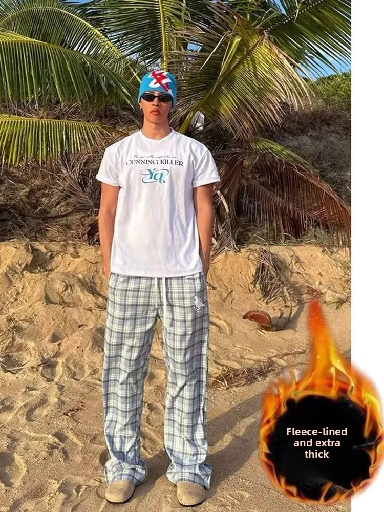 

Американский Sle Cleanfit North Carolina синие клетчатые мужские осенне-зимние повседневные свободные прямые брюки на подкладке