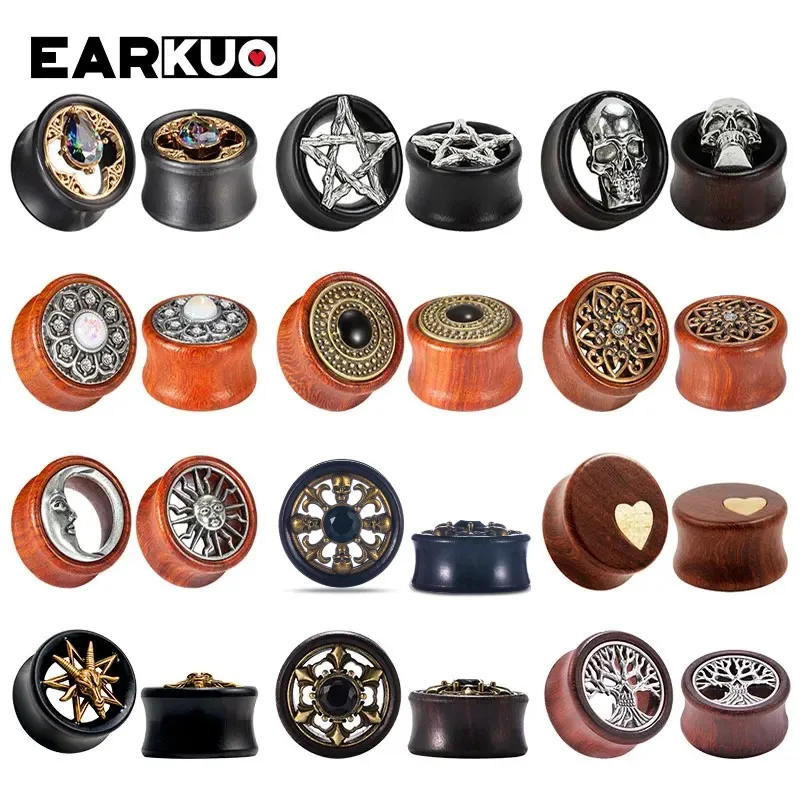 EARKUO Fashionable Style Wood Ear Gauges Tunnels Plugs Piercing Body Jewelry Earring Expanders Stretchers For Women Men 2PCS