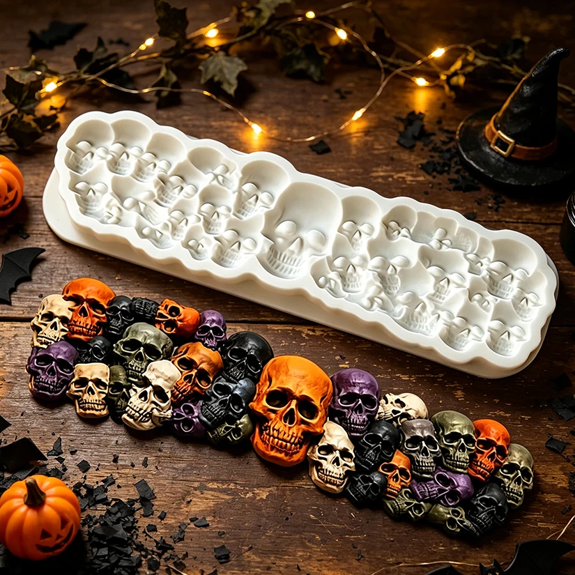 Totenkopf Halloween Silikonform für Zuckerguss, Harzwerkzeuge, Cupcake-Backform, Fondant-Kuchendekorationswerkzeuge – Detail 3