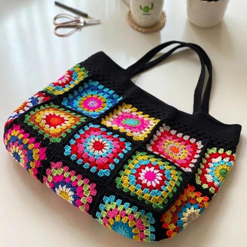 Black Granny Square Crochet Shoulder Bag for WOMEN Colorful Flowers Cute Handbag Unique Boho Ethnic Hollow Out Versatile Purse