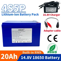 4S5P 18650 14.8V 20Ah Lithium-ion Battery Pack Built-in BMS Suitable for 16.8V Equipment, High-power Inverter, Tourist Car Solar