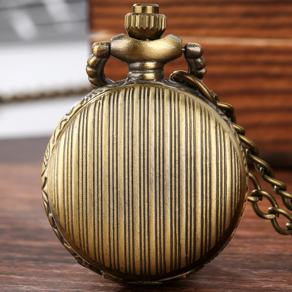 Bronze Small Size Stripe Design Necklace Clock Mini Styles Antique Steampunk Classic Quartz Pocket Watch and Chain for Men Women