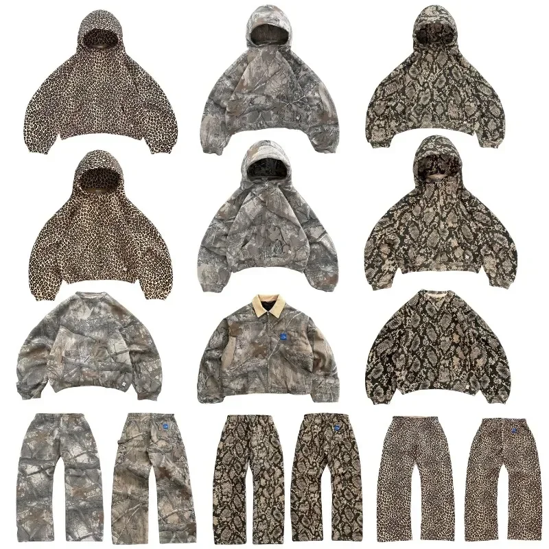 Street retro Camo Hoodie for Men y2k Goth Harajuku Fashion Leopard Print Python Sweatshirt couple loose High Street hoodie