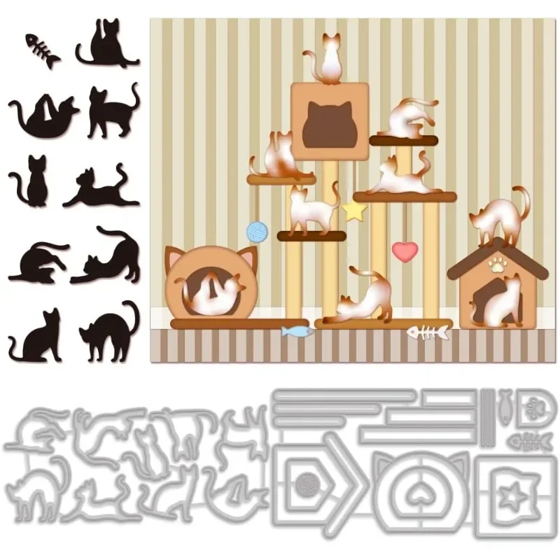 2pcs Yoga Cat Cut Dies Animal Cat Metal Die Cuts Cute Cat Fish Cat House Shape Metal Cutting Dies DIY Craft Carbon Steel