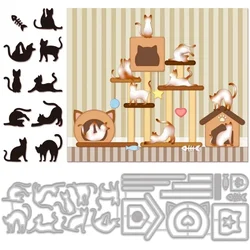 2pcs Yoga Cat Cut Dies Animal Cat Metal Die Cuts Cute Cat Fish Cat House Shape Metal Cutting Dies DIY Craft Carbon Steel