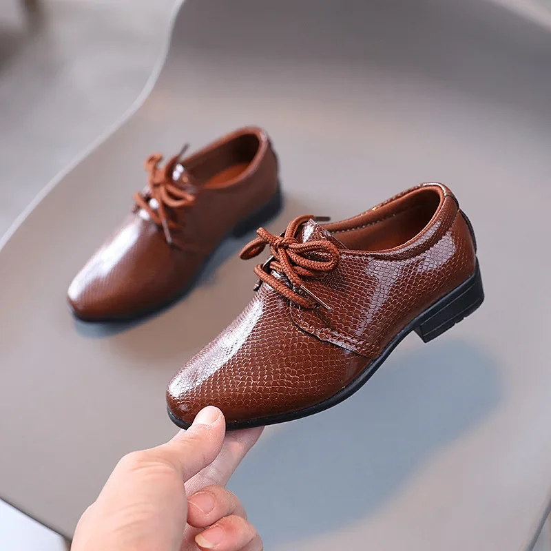 Mumoresip Boys Leather Shoes Spring Britain for Party Wedding Shows Lace-up Kids Fashion Solid Black School Performance Shoes