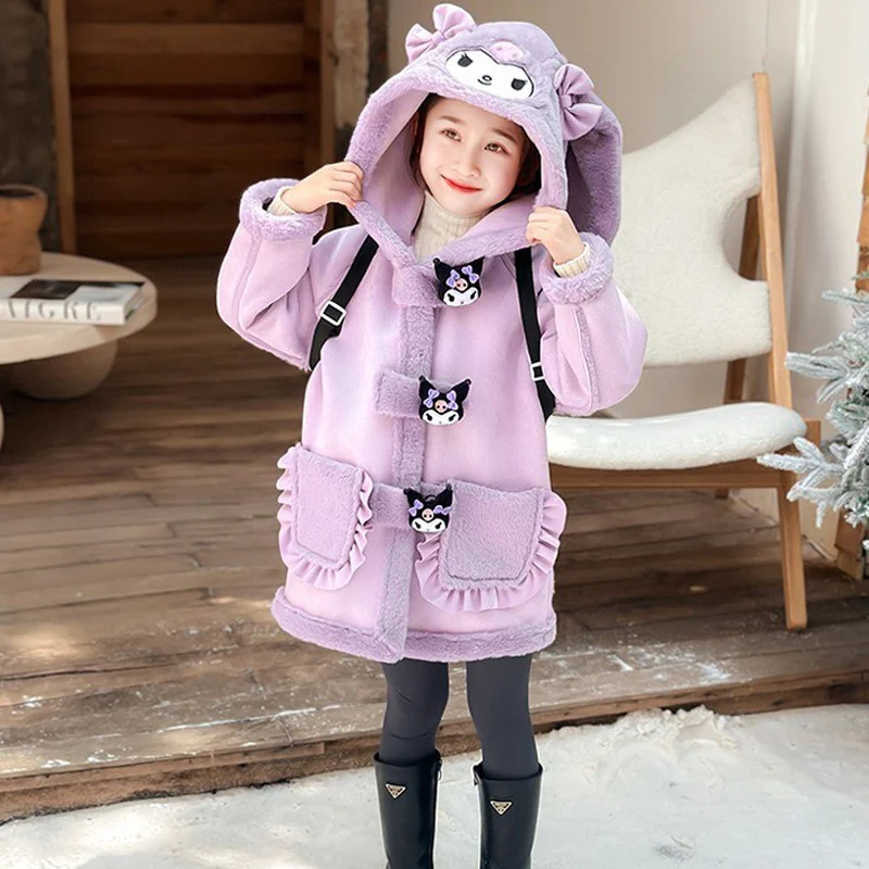 

Kuromi Children Fleece Jacket Anime Kawaii Sanrio Cinnamoroll Mid-Length Thermal Mink Velvet Top Fashion Hooded Thick Coat Parka