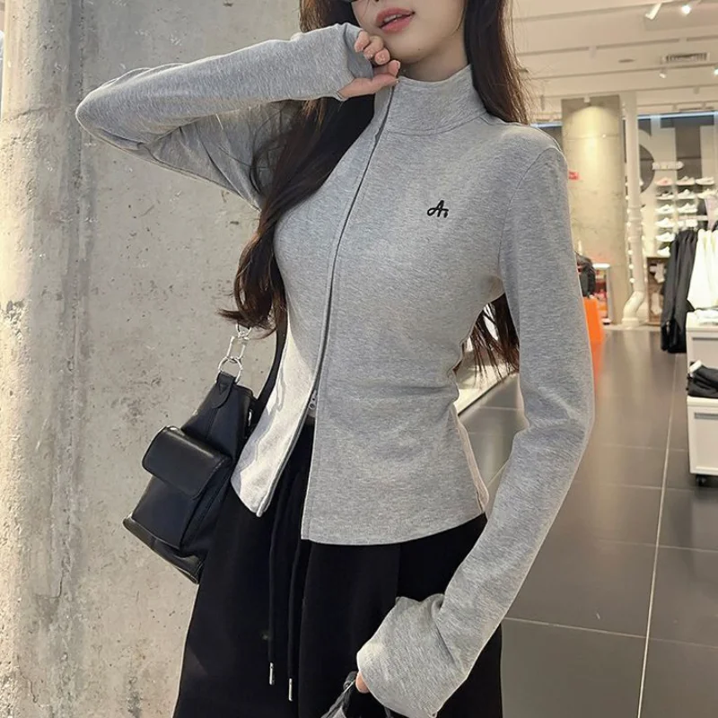 Stand Collar Double Zipper Long Sleeved Glove Hoodless Sweatshirt for Women Autumn New Korean Slim Fit Niche Thin Coats Trendy