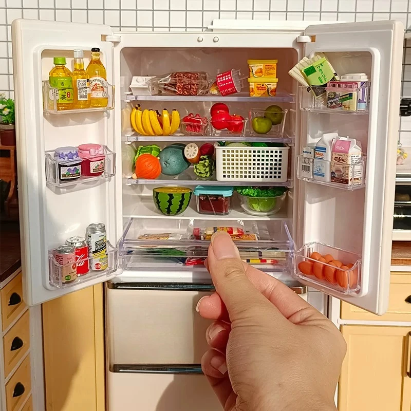 Miniature food play refrigerator model 1:6 Mini kitchen Baby house refrigerator can be lit