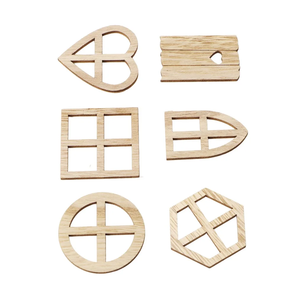 100pcs 6 Designs Wood Window Cutouts Hand Crafted Multipurpose Wooden Miniature Windows Unfinished Wood Slices DIY Projects